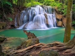 Tajlandia, Huai Mae Khamin Waterfall, Kanchanaburi, Rzeka, Drzewa, Wodospad, Skały